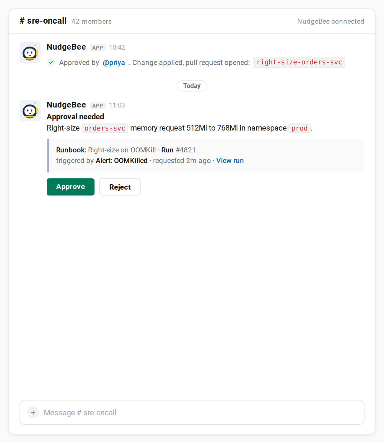 A NudgeBee approval request in Slack asking a person to approve a memory right-size before the runbook applies it, with Approve and Reject buttons.